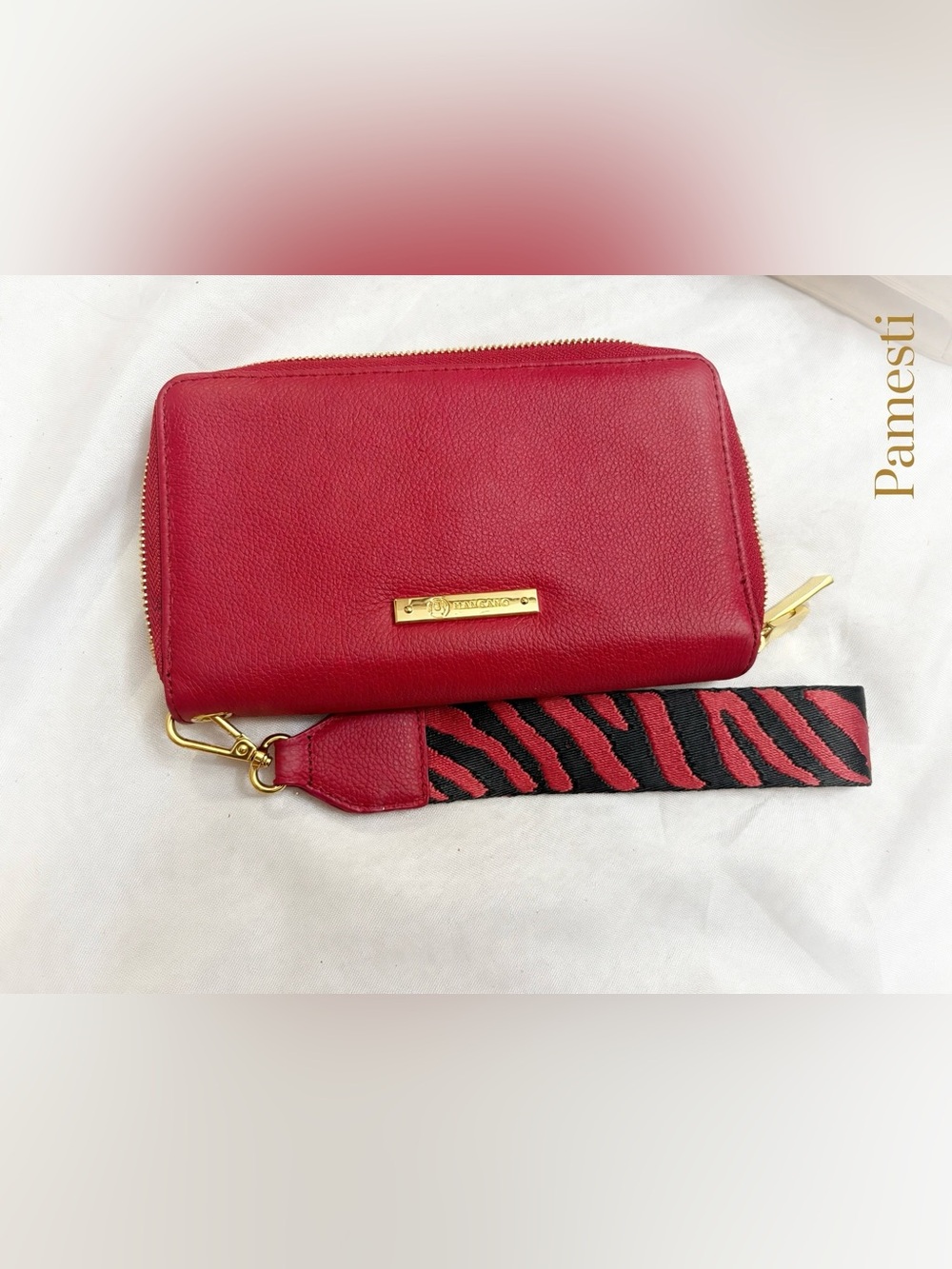 Joy Mangano Red Leather Zip Wallet with Zebra-Stripe Wristlet